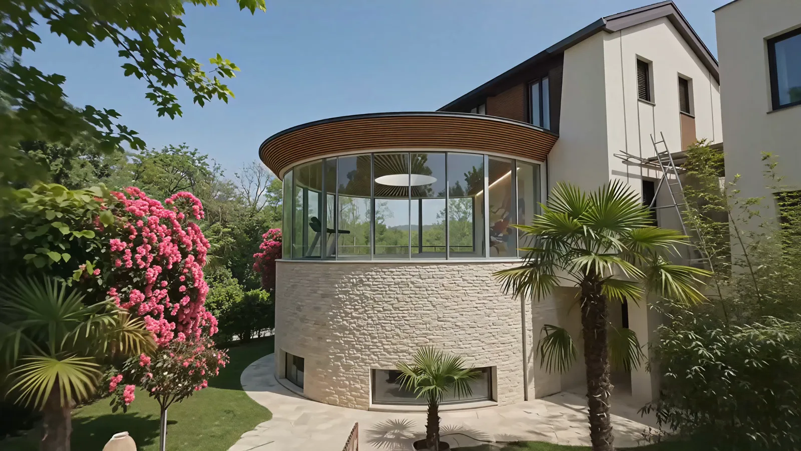 A curved, glazed garden room with a timber-slatted roof and stone base, approached from the garden.